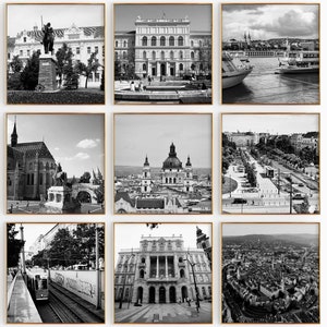 Conjunto de 9 impresiones de ciudades cuadradas de Hungría: impresiones de arte de pared en blanco y negro de 9 piezas de Budapest, Hungría: galería de fotos con descarga digital instantánea, regalo