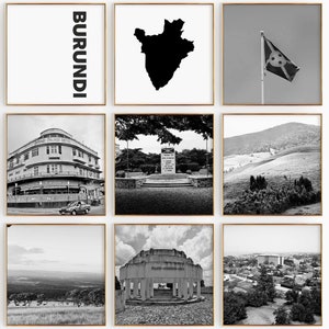 Conjunto de 9 fotografías en blanco y negro de Burundi Square – Impresión de mapas de 9 piezas de arte de pared – Galería de descargas digitales estéticas de Burundi Decoración del hogar Regalo