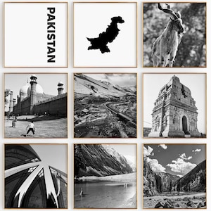 Conjunto de 9 fotografías en blanco y negro de Pakistán: impresión de mapas de Pakistán, 9 piezas de arte de pared: galería de descarga digital, regalo de decoración del hogar de Pakistán