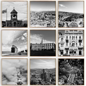 Fotografía en blanco y negro de la plaza Georgia de Tbilisi, 9 piezas de arte de pared – Sakartvelo, conjunto de 9 impresiones – Pósteres de galería de descarga digital de viajes