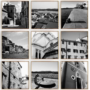 Conjunto de 9 impresiones de ciudades cuadradas de Šibenik, Croacia – 9 impresiones de arte de pared en blanco y negro de Šibenik, Croacia – Galería de fotos con descarga digital, regalo