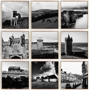 Conjunto minimalista de 9 impresiones cuadradas de Irlanda: fotografía en blanco y negro de Dublín, Irlanda, arte de pared de 9 piezas: pósteres de galería de descarga instantánea de viajes