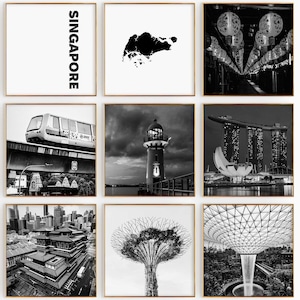Juego de 9 impresiones de ciudades cuadradas de Singapur: impresión de mapa de Singapur, impresiones de arte de pared en blanco y negro de 9 piezas, galería de descargas digitales estéticas