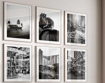 Conjunto de 6 impresiones de la ciudad de Hong Kong – Hong Kong SAR China Blanco y negro 6 piezas Wall Art Prints Descarga digital Galería de fotos Regalo de decoración del hogar