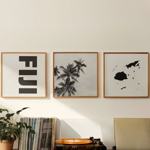 Foto en blanco y negro de Fiji Square, arte de pared imprimible de 3 piezas – Conjunto de impresión de mapas de Fiji de 3 impresiones – Regalo de conjunto de galería de descarga digital de moda
