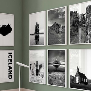 Fotografía en blanco y negro de Islandia, 8 piezas de arte de pared: juego de 8 impresiones de mapas de Islandia: descarga digital, pósteres de galería, decoración de pared, regalo