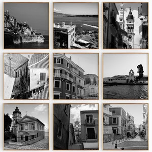 Korfu Griechenland Minimalistisches Set mit 9 quadratischen Drucken – Kerkyra Schwarzweißfoto 9-teilige Wandkunst – Reise-Sofortdownload-Galerieposter