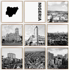 Fotografía en blanco y negro de Nigeria, 9 piezas de arte de pared: juego de 9 impresiones de mapas de Nigeria: descarga digital, galería, carteles, decoración de pared