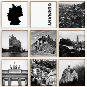 Fotografía en blanco y negro de Alemania, 9 piezas de arte de pared: juego de 9 impresiones de mapas de Alemania: descarga digital, galería, carteles, decoración de pared