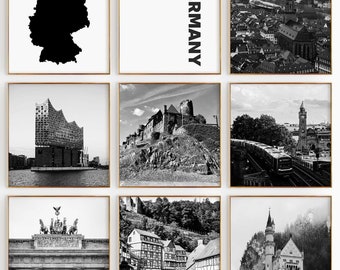 Germany Square Black and White Photograph 9 Piece Wall Art – Map Print Set of 9 Prints – Digital Download Gallery Posters Wall Decor Gift |