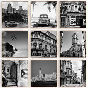 Conjunto de 9 fotografías en blanco y negro de Cuba Travel Square – Impresión de mapas de Cuba, 9 piezas de arte de pared – Descarga digital Galería Decoración moderna para el hogar de Cuba Regalo