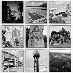 Conjunto minimalista de 9 impresiones cuadradas de Knoxville, Tennessee: fotografía en blanco y negro, 9 piezas de arte de pared, pósteres de galería de descarga instantánea para viajes, regalo