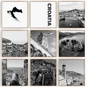 Fotografía en blanco y negro de Croacia, 9 piezas de arte de pared – Juego de 9 impresiones de mapas de Croacia – Descarga digital, carteles de galería, decoración de pared