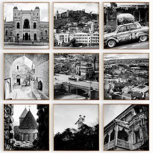 Conjunto minimalista de 9 impresiones cuadradas de Tbilisi, Georgia: Sakartvelo, arte de pared de 9 piezas con fotografías en blanco y negro, póster de galería de descarga instantánea de viajes