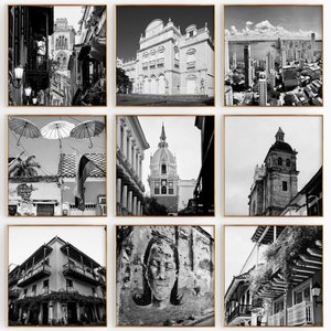 Conjunto minimalista de 9 impresiones cuadradas de Cartagena, Colombia: fotografía en blanco y negro de Bolívar, arte de pared de 9 piezas, descarga instantánea de viajes, galería de regalo