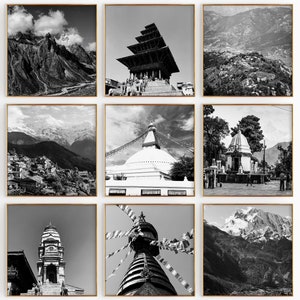 Conjunto minimalista de 9 impresiones cuadradas de Nepal: fotografía en blanco y negro de Katmandú, Nepal, 9 piezas de arte de pared: pósteres de galería de descarga instantánea de viajes