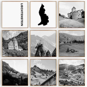 Fotografía en blanco y negro de la plaza de Liechtenstein, 9 piezas de arte de pared, juego de 9 impresiones de mapas, descarga digital instantánea, pósteres decorativos de pared
