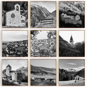 Conjunto de 9 fotografías en blanco y negro de Liechtenstein: impresión de mapas de Liechtenstein, 9 piezas de arte de pared, galería de descarga digital, decoración del hogar, regalo
