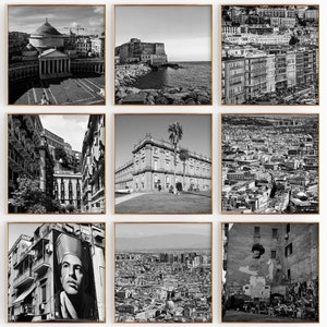 Conjunto minimalista de 9 impresiones cuadradas de Nápoles, Italia: pósteres de galería de descarga instantánea de arte de pared de 9 piezas con fotografías en blanco y negro de Nápoles, Italia