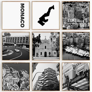 Fotografía en blanco y negro de la plaza de Mónaco, 9 piezas de arte de pared – Juego de 9 impresiones con el mapa de Mónaco – Pósteres de galería con descarga digital para decoración de pared