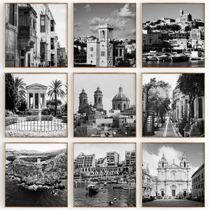 Conjunto minimalista de 9 impresiones cuadradas de Malta: fotografía en blanco y negro de Valletta, Malta, 9 piezas de arte de pared: pósteres de galería de descarga instantánea de viajes