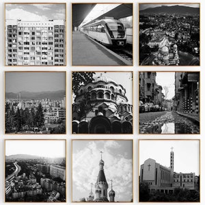 Cuadro de arte mural imprimible en blanco y negro de 9 piezas con fotografías cuadradas de Sofía, Bulgaria – Conjunto de 9 impresiones de Sofía, Bulgaria – Galería de descargas digitales de moda