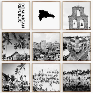 Conjunto de 9 fotografías en blanco y negro de la plaza de República Dominicana: impresión estética de mapas, arte de pared de 9 piezas, descarga digital instantánea, galería, regalo para el hogar