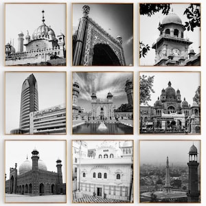 Conjunto minimalista de 9 impresiones cuadradas de Lahore, Pakistán: fotografía en blanco y negro de Punjab, arte de pared de 9 piezas: pósteres de galería de descarga instantánea de viajes