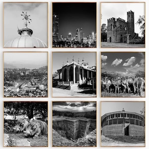 Conjunto de 9 impresiones de ciudades cuadradas de Etiopía: Adís Abeba, Etiopía, impresiones artísticas de pared en blanco y negro de 9 piezas, descarga digital estética, galería de fotos