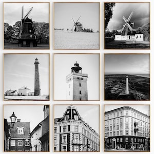 Conjunto minimalista de 9 impresiones cuadradas de Dinamarca: arte mural de 9 piezas con fotografías en blanco y negro de Dinamarca: pósteres de galería con descarga digital instantánea de viajes