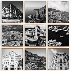 Conjunto minimalista de 9 impresiones cuadradas de Mónaco: fotografía en blanco y negro de Montecarlo, Mónaco, 9 piezas de arte de pared, pósteres de galería de descarga instantánea de viajes