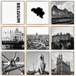 Fotografía en blanco y negro de Bélgica, 9 piezas de arte de pared: juego de 9 impresiones de mapas de Bélgica: descarga digital, galería, carteles, decoración de pared