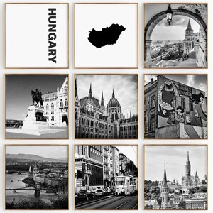 Fotografía en blanco y negro de la plaza de Hungría, 9 piezas de arte de pared – Juego de 9 impresiones con mapa de Hungría – Descarga digital, carteles de galería, decoración de pared
