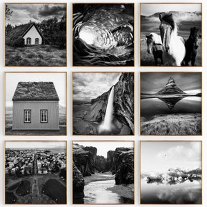 Arte de pared imprimible con fotografía en blanco y negro de Islandia, 9 piezas, conjunto de 9 impresiones de Islandia, galería de descarga digital instantánea de moda