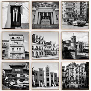 Fotografía en blanco y negro de la plaza de Cuba, 9 piezas de arte de pared, juego de 9 impresiones con el mapa de Cuba, descarga digital, pósteres de galería, decoración de pared, regalo