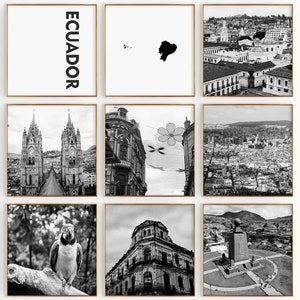 Conjunto de 9 fotografías en blanco y negro de Ecuador Square – Impresión de mapas de Ecuador, 9 piezas de arte de pared – Galería de descargas digitales estéticas, decoración del hogar, regalo