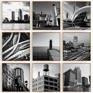 Conjunto de 9 impresiones de ciudades cuadradas de Milwaukee, Wisconsin: impresiones de arte de pared en blanco y negro de 9 piezas de Milwaukee, Wisconsin, galería de fotos con descarga digital
