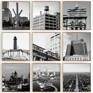 Conjunto minimalista de 9 impresiones cuadradas de Milwaukee, Wisconsin: arte de pared de 9 piezas con fotografías en blanco y negro: pósteres de galería de descarga instantánea para viajes