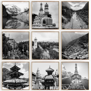 Fotografía en blanco y negro de Nepal Square, 9 piezas de arte de pared, juego de 9 impresiones de mapas de Nepal, descarga digital, carteles de galería, decoración de pared