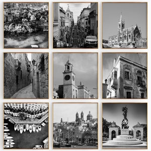 Arte de pared imprimible en blanco y negro con fotografía de Malta cuadrada estética, 9 piezas – Valletta, Malta, juego de 9 impresiones – Galería de descarga digital de moda