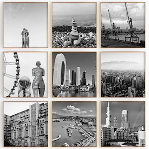 Conjunto de 9 impresiones de ciudades cuadradas de Batumi, Georgia: impresiones de arte de pared en blanco y negro de 9 piezas de Batumi, Georgia, descarga digital, galería de fotos de apartamentos