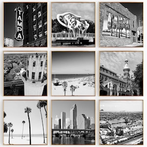 Conjunto de 9 impresiones cuadradas de la ciudad de Tampa, Florida: impresiones de arte de pared en blanco y negro de 9 piezas de Tampa, Florida: galería de fotos con descarga digital, regalo