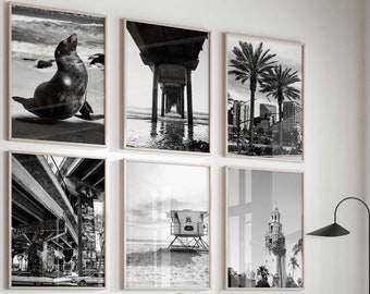 San Diego Californië Set van 6 stadsafdrukken – San Diego Californië Zwart-wit 6-delige kunstafdrukken aan de muur – Digitale download fotogalerij