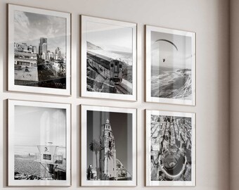 San Diego Californië minimalistische set van 6 prints – San Diego zwart-wit foto 6-delige kunst aan de muur – reizen Instant Download galerijposters