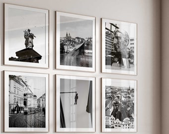 Prague Czech Republic Minimalist Set of 6 Prints – Prague Black and White Photo 6 Piece Wall Art – Travel Instant Download Gallery Posters