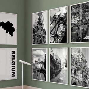 België zwart-witfoto 8-delige muurkunst – België kaart afdrukken Set van 8 afdrukken – digitale downloadgalerij Posters muurdecoratie cadeau