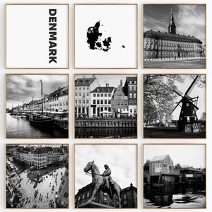 Fotografía en blanco y negro de Dinamarca Square, 9 piezas de arte de pared – Juego de 9 impresiones de mapas de Dinamarca – Descarga digital, carteles de galería, decoración de pared