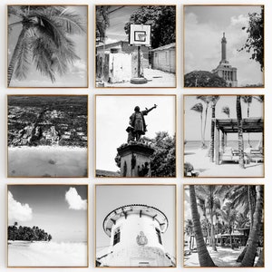 Fotografía en blanco y negro de la plaza de República Dominicana, 9 piezas de arte de pared, juego de 9 impresiones de mapas, descarga digital, carteles de galería, decoración