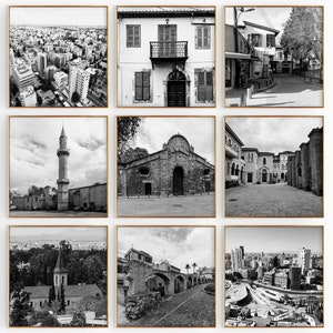Conjunto de 9 impresiones de ciudades cuadradas de Nicosia, Chipre: impresiones de arte de pared en blanco y negro de 9 piezas de Nicosia, Chipre: galería de fotos con descarga digital, regalo