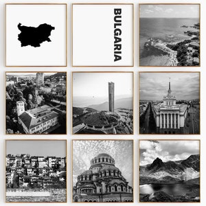 Fotografía en blanco y negro de la plaza de Bulgaria, 9 piezas de arte de pared: juego de 9 impresiones con mapas de Bulgaria, descarga digital, galería, carteles, decoración de pared